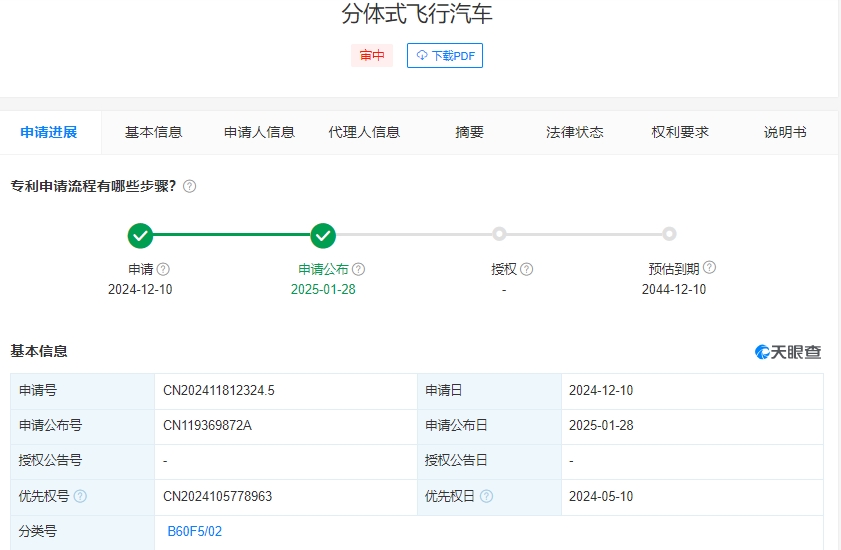 清华大学、奇瑞汽车股份有限公司申请的“分体式飞行汽车”专利公布(图1)